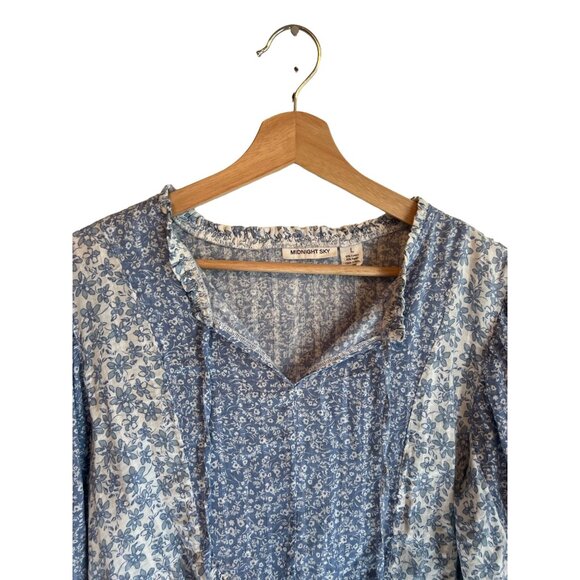 Midnight Sky Floral Blue Peasant Blouse Women's Long Sleeve Top Size L Blouse - Picture 2 of 5